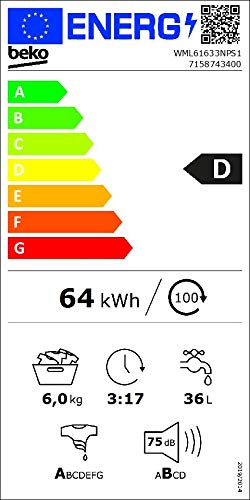 Beko WML61633NPS1 Waschmaschine/Multifunktionsdisplay/Startzeitvorwahl/ 1600 U/min/10 Jahre ...